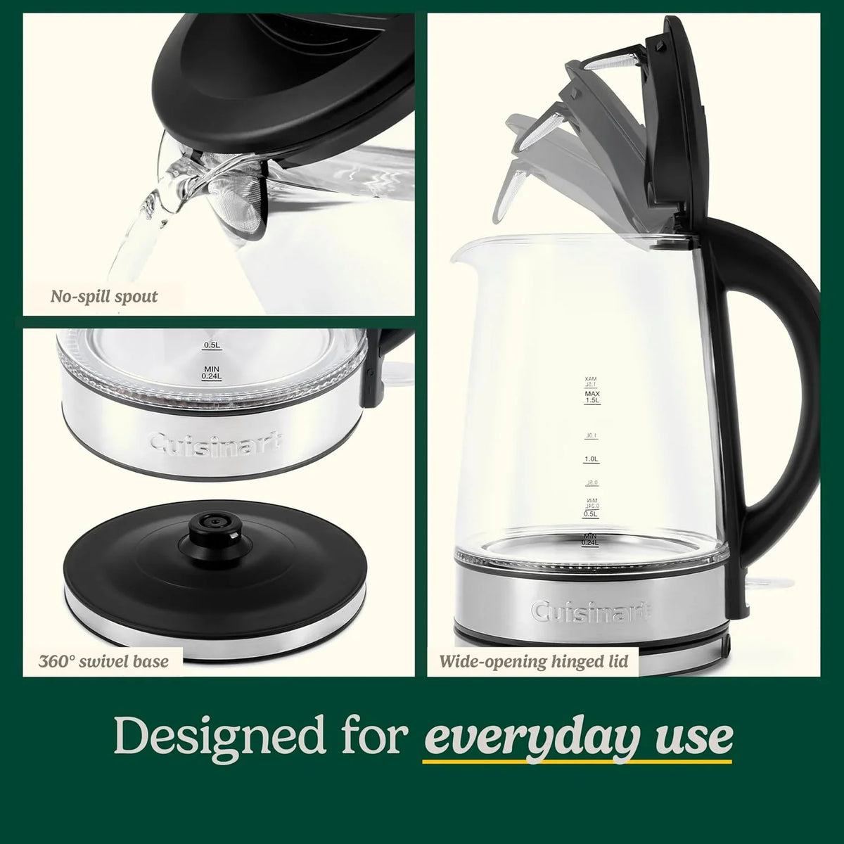 Cuisinart 1.5L Glass Kettle, Illumination, BPA-Free, Easy-Pour Nondrip Spout, Hinged Lid Opening, 1-Cup Marking, and 360-Degree Rotational Base, Auto Shut-Off