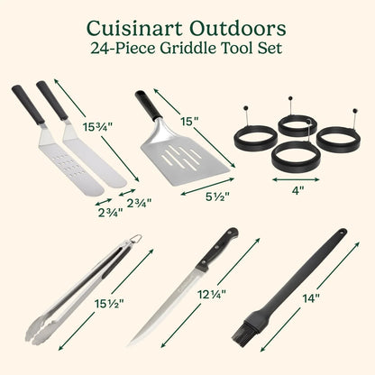 Cuisinart 24-Piece Griddle Tool Set with Storage Tote, Stainless Steel Flat Top Grill Accessories with Spatulas, Melting Dome, Smash Burger Press, Scraper & Tongs, Perfect for BBQ, Tailgates, Camping