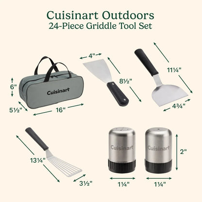 Cuisinart 24-Piece Griddle Tool Set with Storage Tote, Stainless Steel Flat Top Grill Accessories with Spatulas, Melting Dome, Smash Burger Press, Scraper & Tongs, Perfect for BBQ, Tailgates, Camping