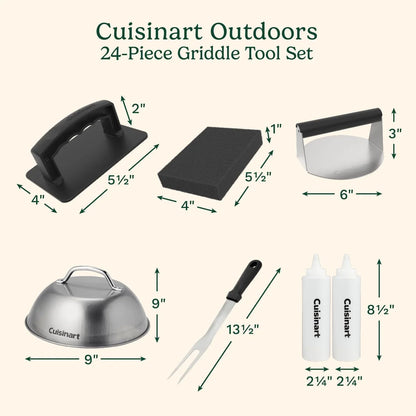 Cuisinart 24-Piece Griddle Tool Set with Storage Tote, Stainless Steel Flat Top Grill Accessories with Spatulas, Melting Dome, Smash Burger Press, Scraper & Tongs, Perfect for BBQ, Tailgates, Camping