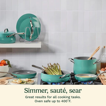 Cuisinart Ceramic Cookware Set, Nonstick 12-Piece Pots and Pans Set for Even Heat Cooking, Dishwasher Safe, Stainless Steel Handles & Easy Cleanup, Teal, 34C-12TL